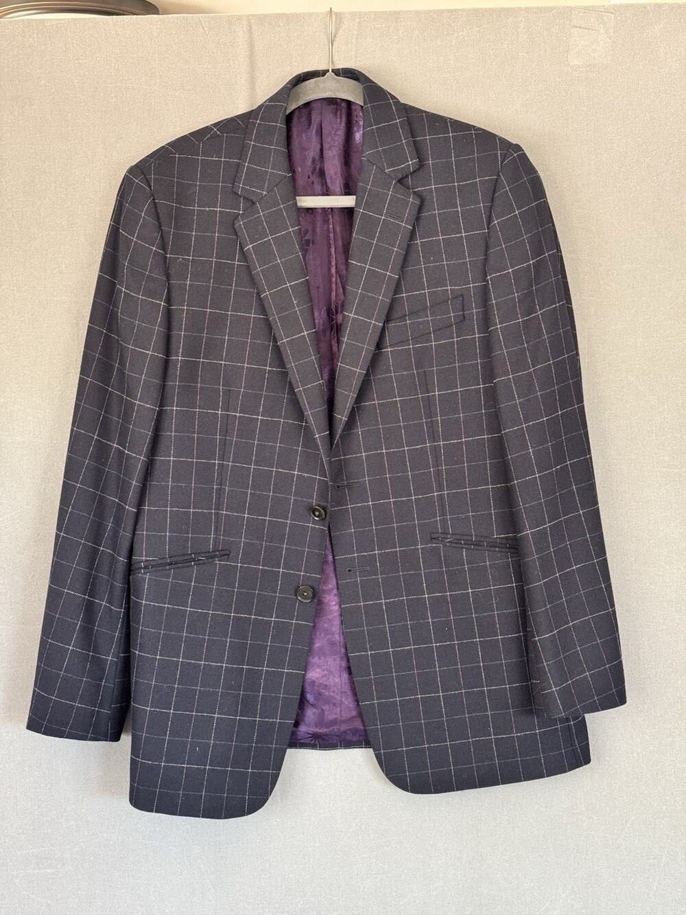 Duchamp London 40R Woven in Scotland Wool Window Pane Sportcoat Purple Lining